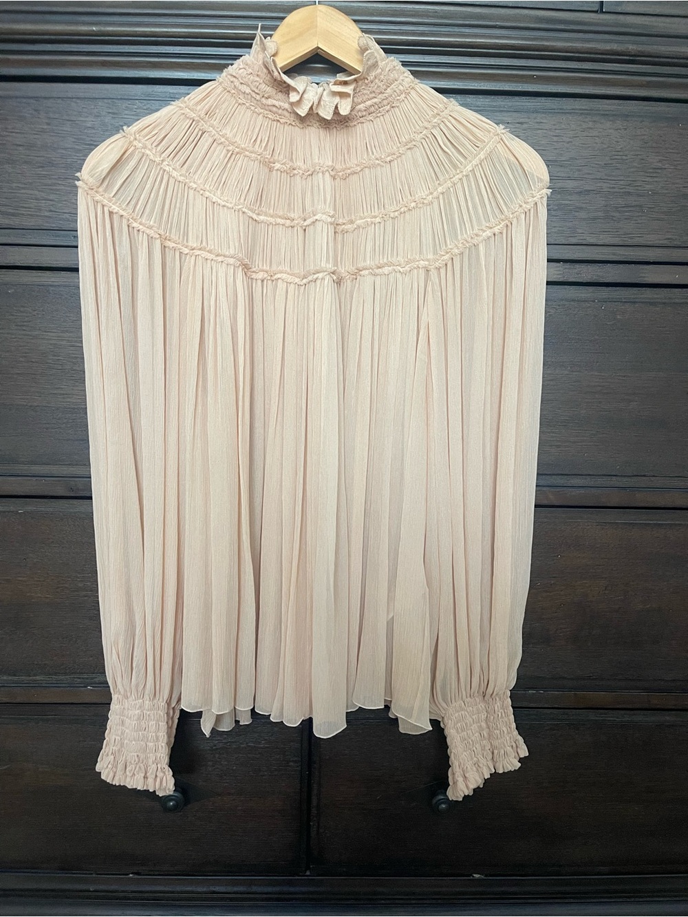 Chloé Smocked High-Neck Pleated Silk Blouse in Nude Beige - Picture 6 of 10